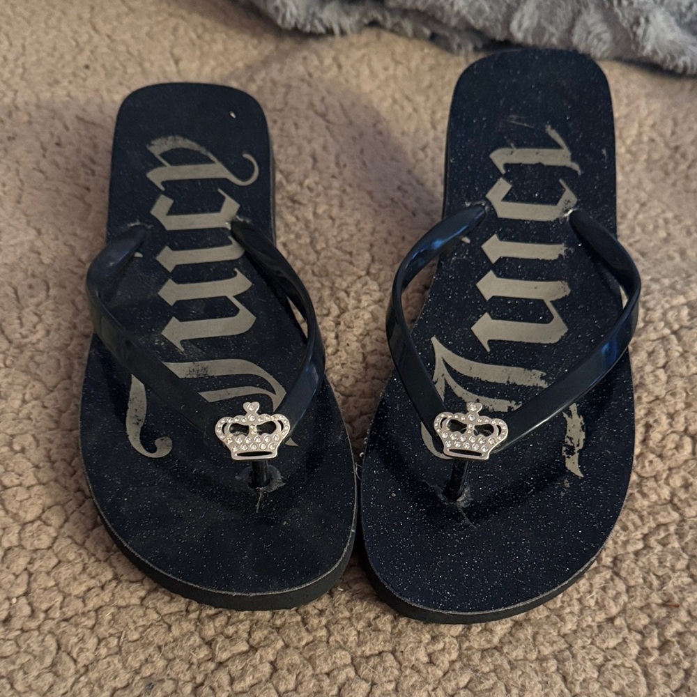 Juicy Couture Black Flip Flops with Crown Accent
